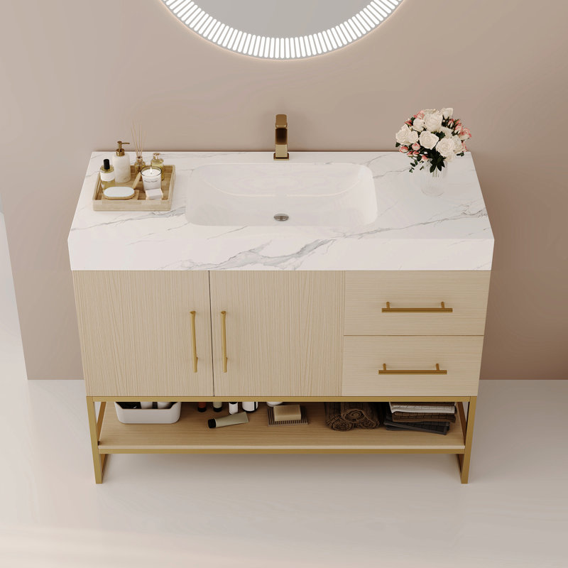 Meuble-lavabo moderne de 36 po avec décor doré et lavabo en céramique intégré, tiroirs supérieurs complets, capacité de soutien élevée
