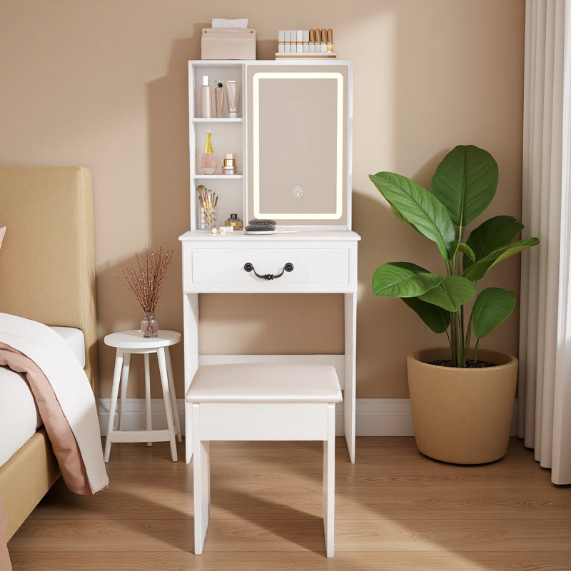 Medium White Makeup Vanity With Led Mirror And Drawer