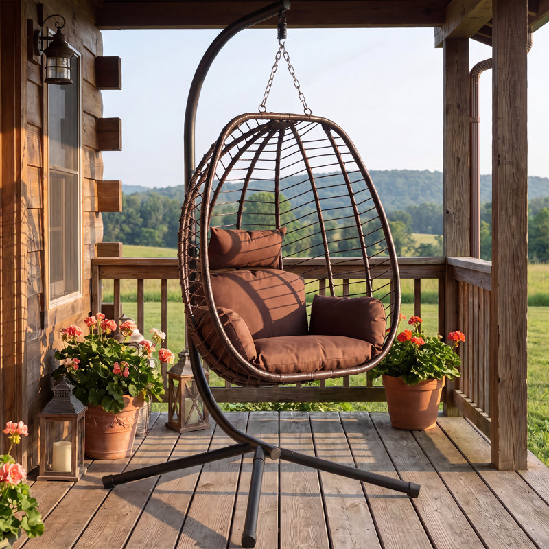 Brown PE Rattan Hanging Egg Chair with Stand and Cushions