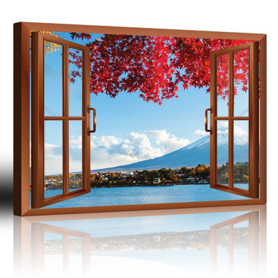 "Fenêtre en cuivre moderne donnant sur un arbre rouge qui encadre le mont Fuji" sur toile