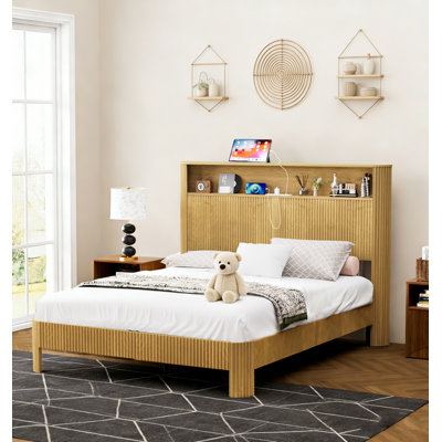 Wood Bed Frame with Charging Station and Storage Headboard, Modern Platform Bed with USB Ports and Fluted Headboard, Weight Capacity 660 lbs, No Box S