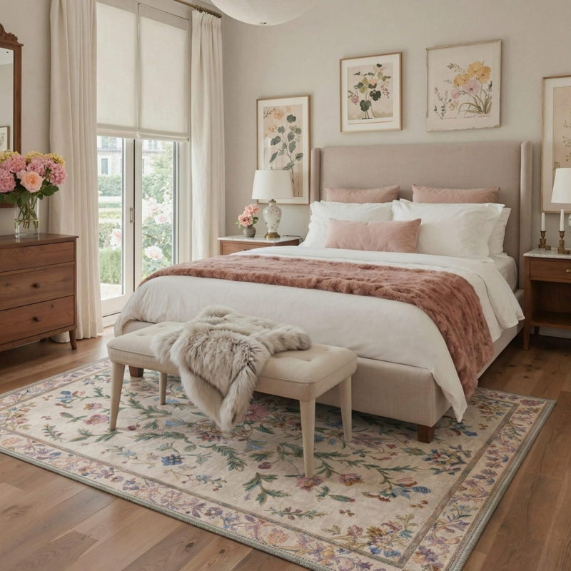 Vintage Floral Area Rug 5' x 7' for Dining Room, Multicolor Beige