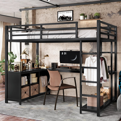 Black Twin Loft Bed with Desk and Wardrobe, Metal Space Saving Bed Frame for Small Rooms