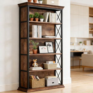Industrial Farmhouse 6-Tier Bookshelf With Storage Cabinet - Reclaimed Wood And Metal Bookcase For Living Room, Office, Or Bedroom - Brown And Black Finish