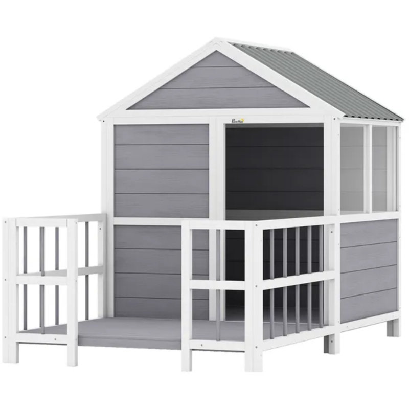 Grande niche pour chien d'extérieur en bois de 61 po avec porche, toit résistant aux intempéries, base surélevée, évents et fenêtres