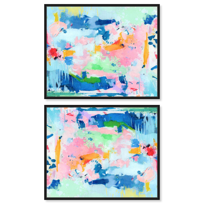 «Peaceful Haven», ensemble de 2 toiles abstraites bleues par Art Remedy, H 16 po x l 20 po, Cadre flottant noir