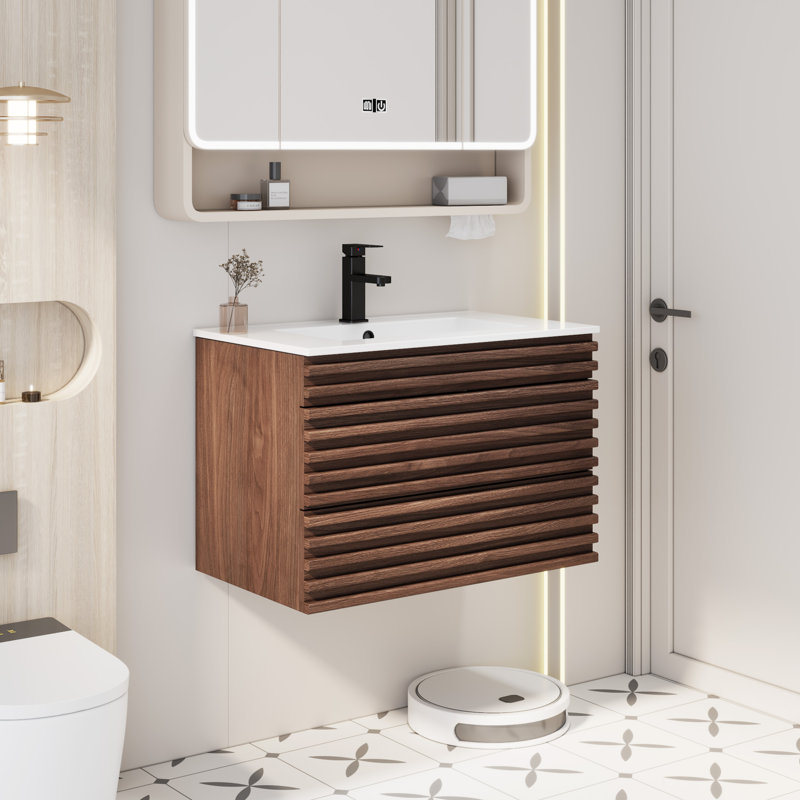 Meuble-lavabo simple Sharee avec comptoir d'évier, robinet et drain en alliage de zinc, certificat EPA, 30", Brun
