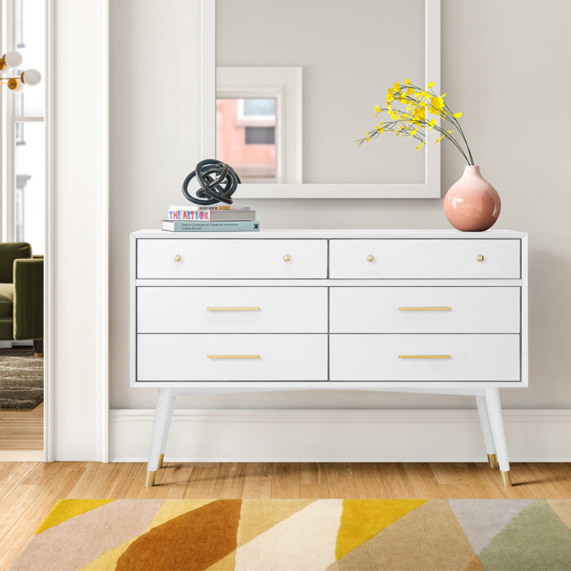 Commode double 6 tiroirs Samuel, Blanc/laiton