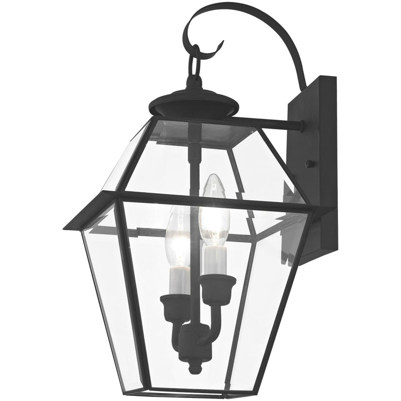 9in 2-Light Outdoor Wall Lantern, Clear Beveled Glass, Pendant Lighting Fixture, Black