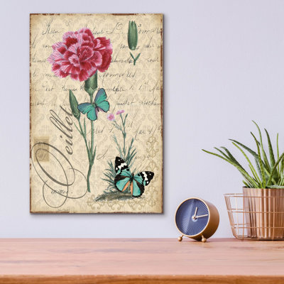 «Botanical Carnation Oeillet Damask» par Jean Plout, art mural en verre acrylique, 12 po x 16 po