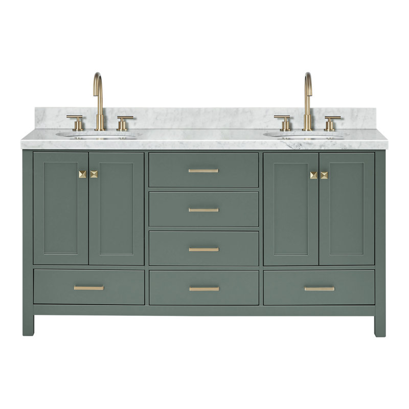 Meuble-lavabo double 67 po avec plateau en marbre de Carrare Kasey, Oval, Vert rétro