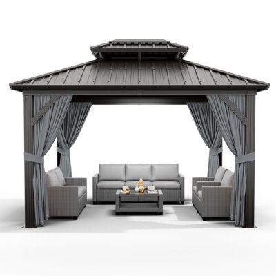 12'x10' Hardtop Gazebo with Curtains & Netting – Permanent Aluminum Outdoor Pavilion