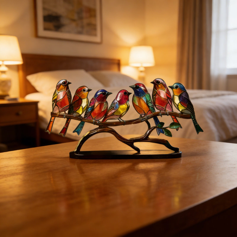 Acrylic Stained 7 Bird On Branch Desktop Ornaments Multicolor Style Craft Metal Statue Ornaments