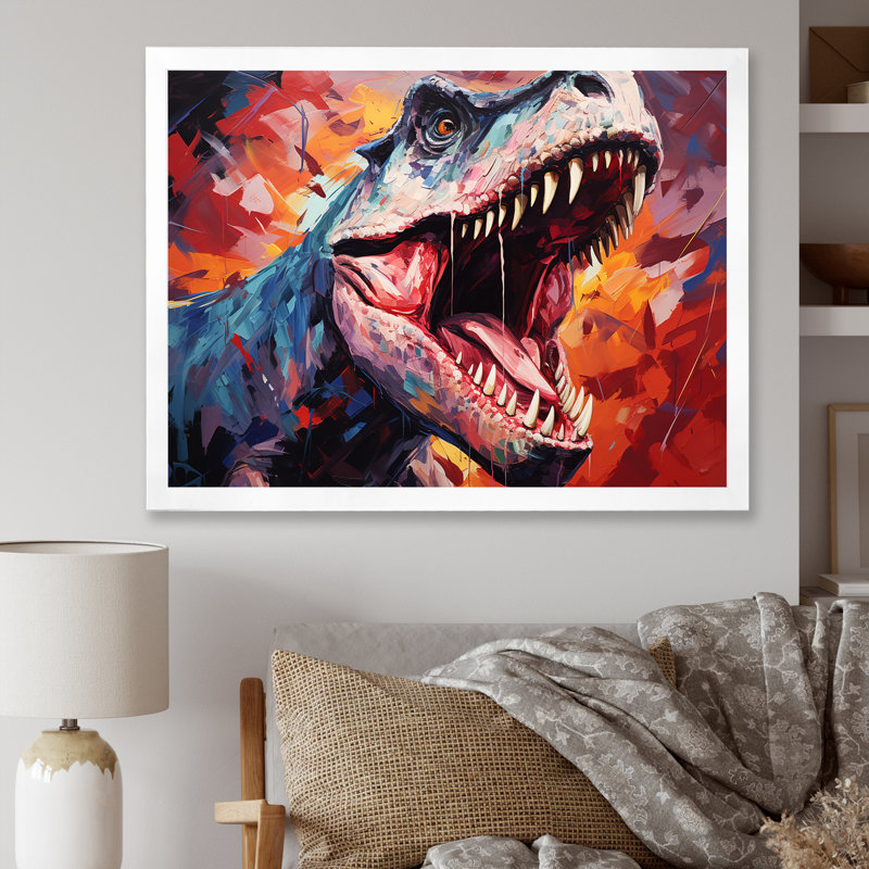 Popart TRex dinosaur II - dinosaure, art mural, H 34 po x l 44 po x P 1,5 po, Cadre d'angle fermé blanc