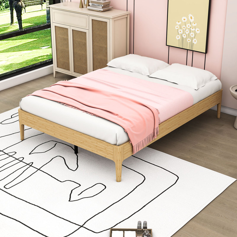Lit plateforme en bambou avec support en métal et rangement sous le lit, Lit double, Naturel