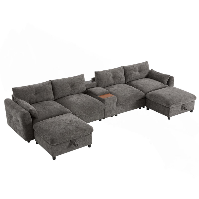 Canapé modulaire modulaire en chenille avec repose-pieds, console, porte-gobelet et chargeur USB pour le salon, Gray Chenille