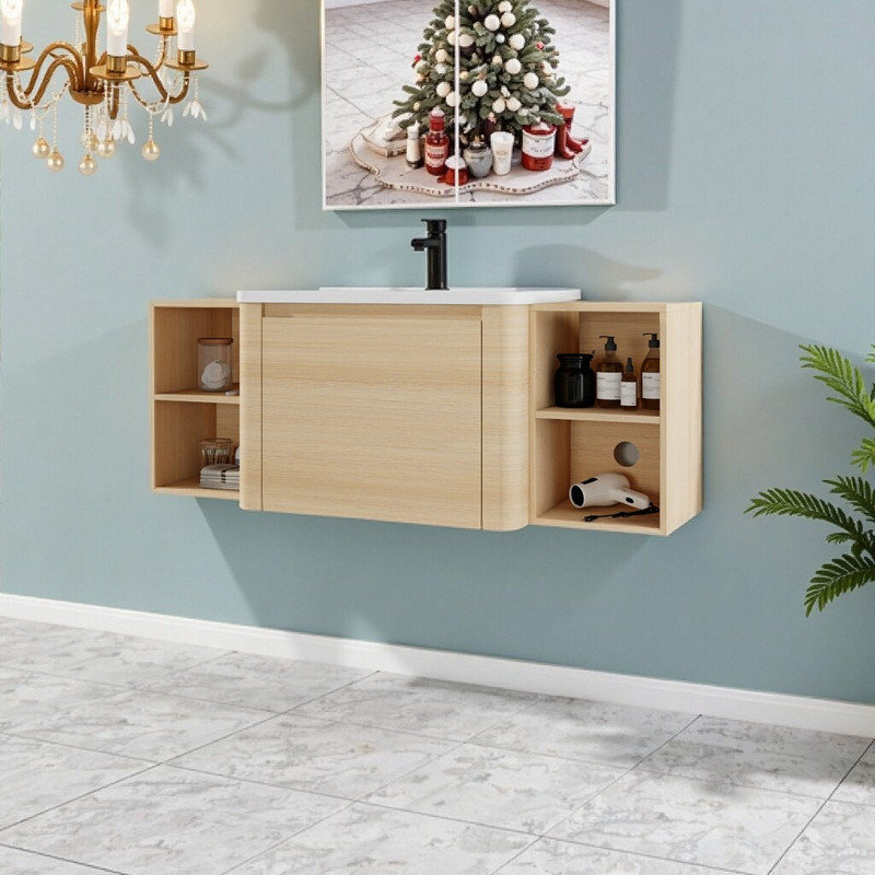 Meuble-lavabo mural 52 po avec lavabo en céramique, 2 tablettes et porte en contreplaqué à fermeture en douceur, 52"