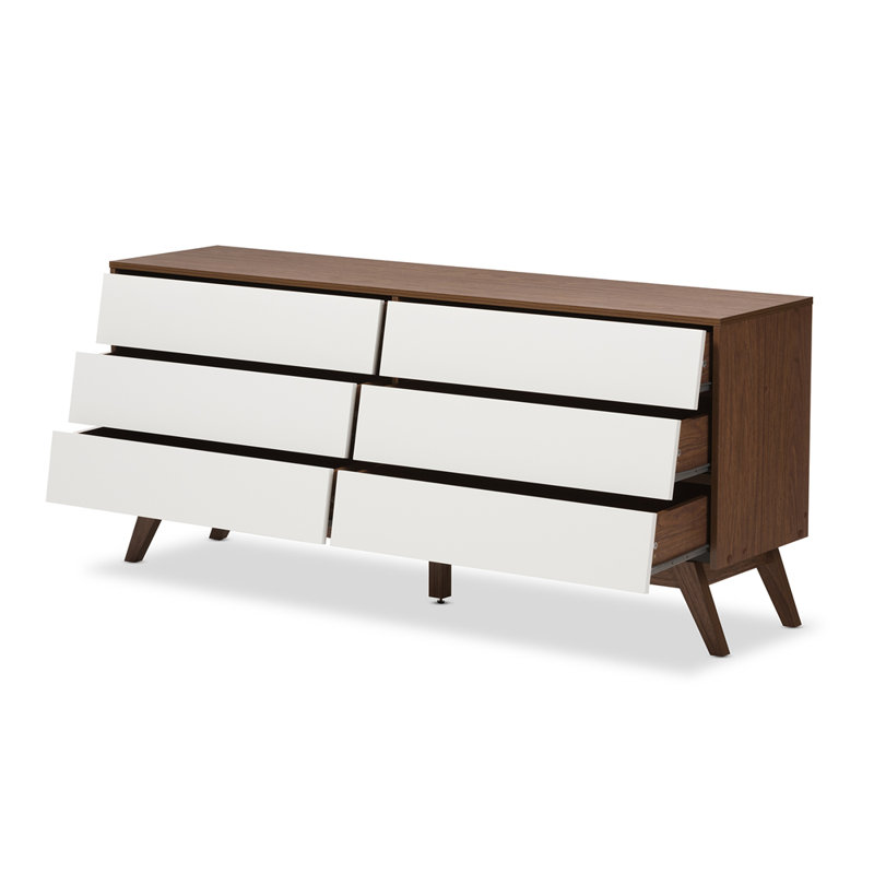 Aaron Manufactured Wood 6-Drawer Dresser in Walnut and White Finish, 27.82" H X 62.71" W X 15.50" D