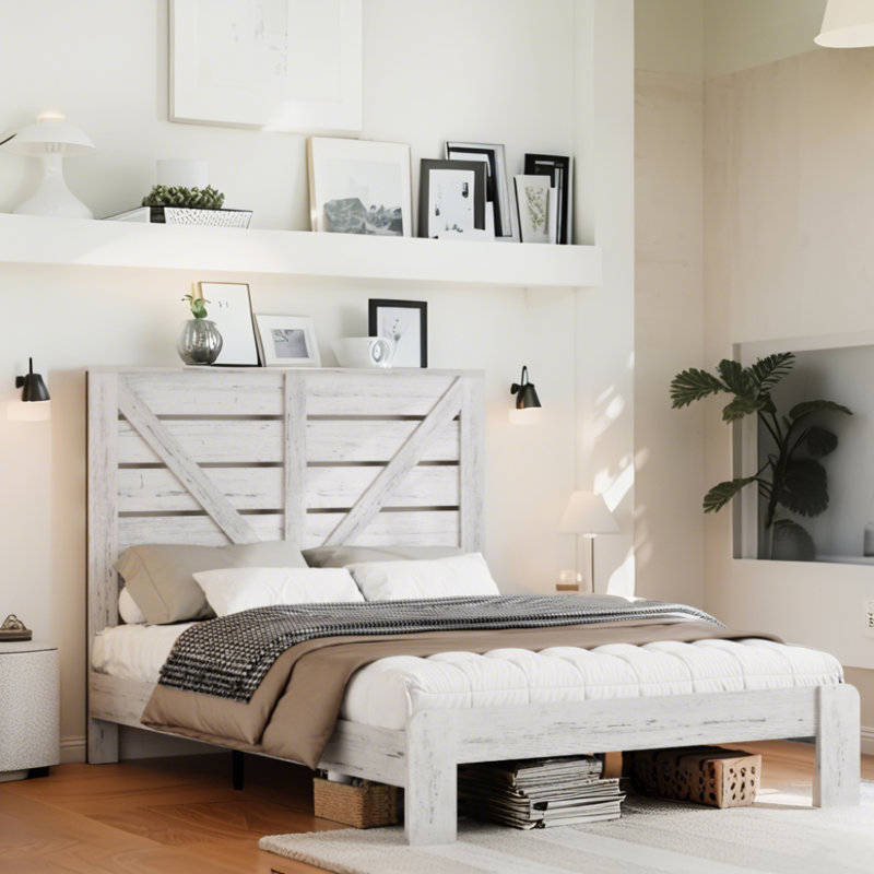 Base de lit plateforme en bois avec tête de lit, Blanc, Grand