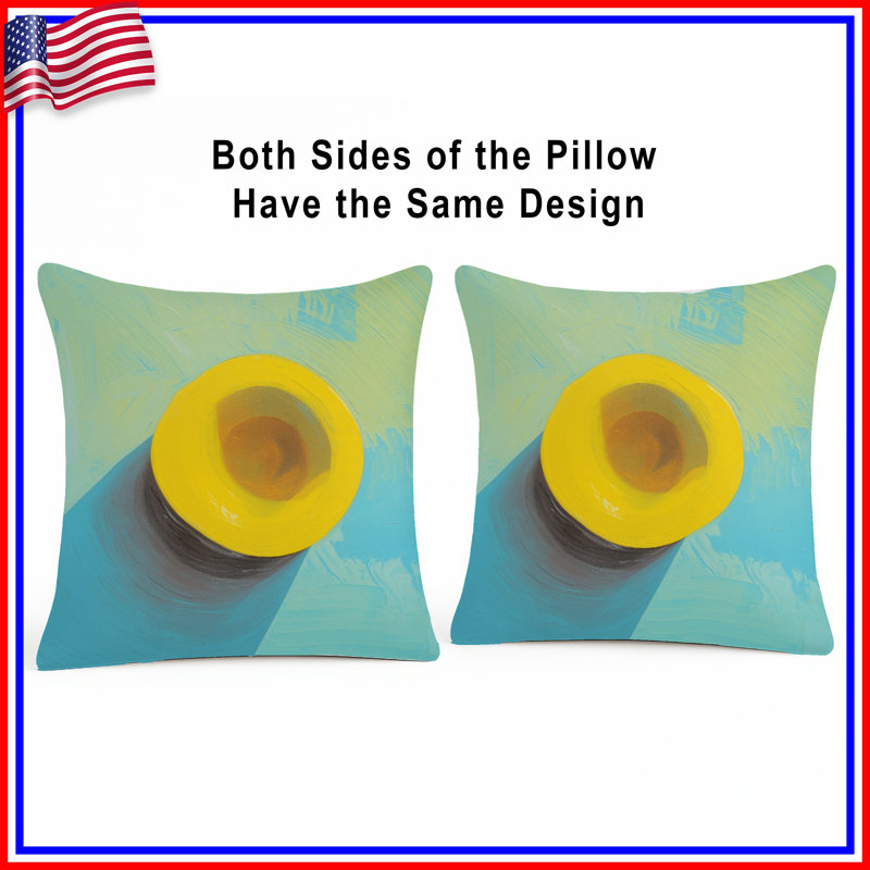 Coussin jaune sur fond bleu à double face, 14 X 14 pouces