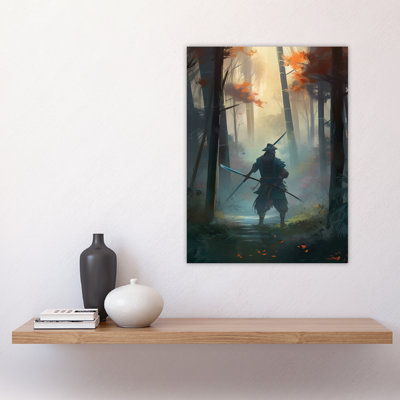 Wall Art Print Samurai Master Practicing Martial Arts Concept Painting Warrior in Foggy Autumn Bamboo Forest Landscape Poster