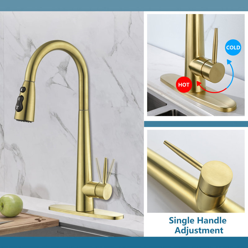 Pull Down Single Handle Kitchen Faucet, Brushed Gold