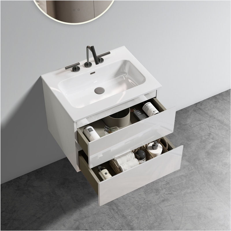 24" Wall Mounted Floating Bathroom Storage Vanity with Ceramic Sink, Glossy White
