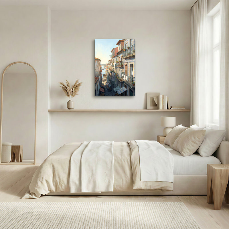 «European Riverfront Buildings Blue Tile Facades Balconies», art mural sur toile, 24"H x 18"W