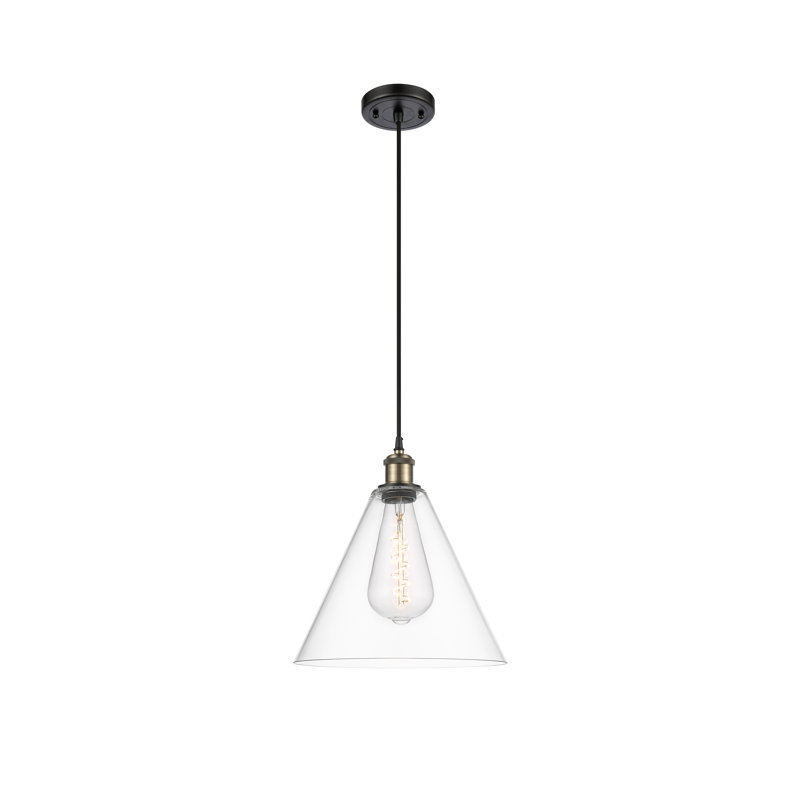 Luminaire suspendu conique à 1 lumière Halyn, H 14,75 po x l 12 po x P 12 po, Transparent, Laiton antique noir