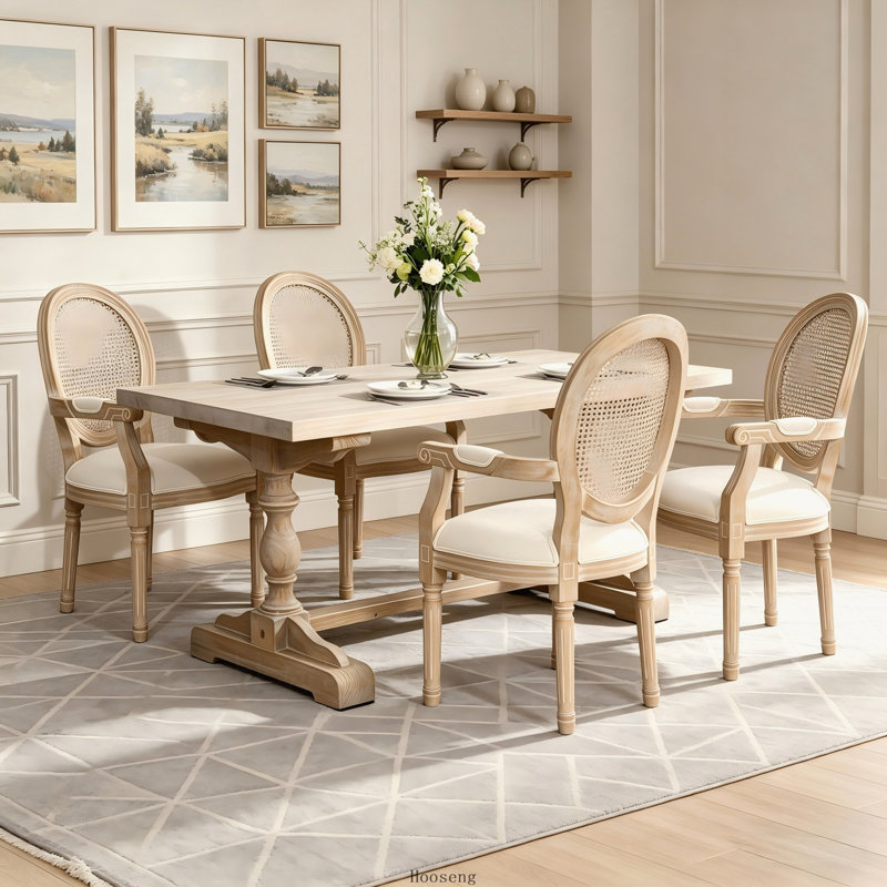 French Vintage Upholstered Fabric Dining Armchair, Set of 2, Beige