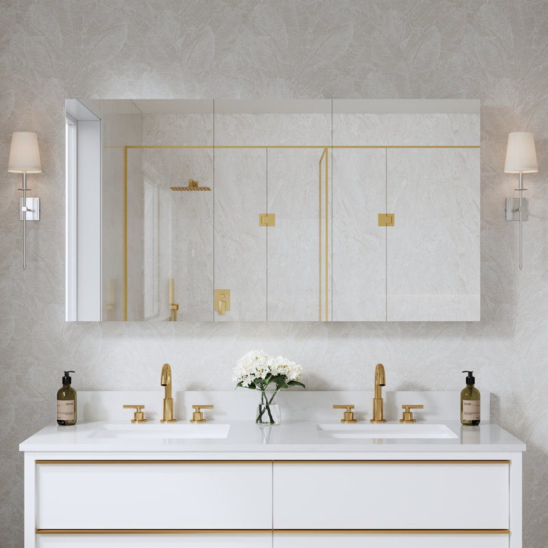 56''W X 30'' H Recessed Or Surface Wall Mount Bathroom Medicine Cabinet With Adjustable Glass Shelves