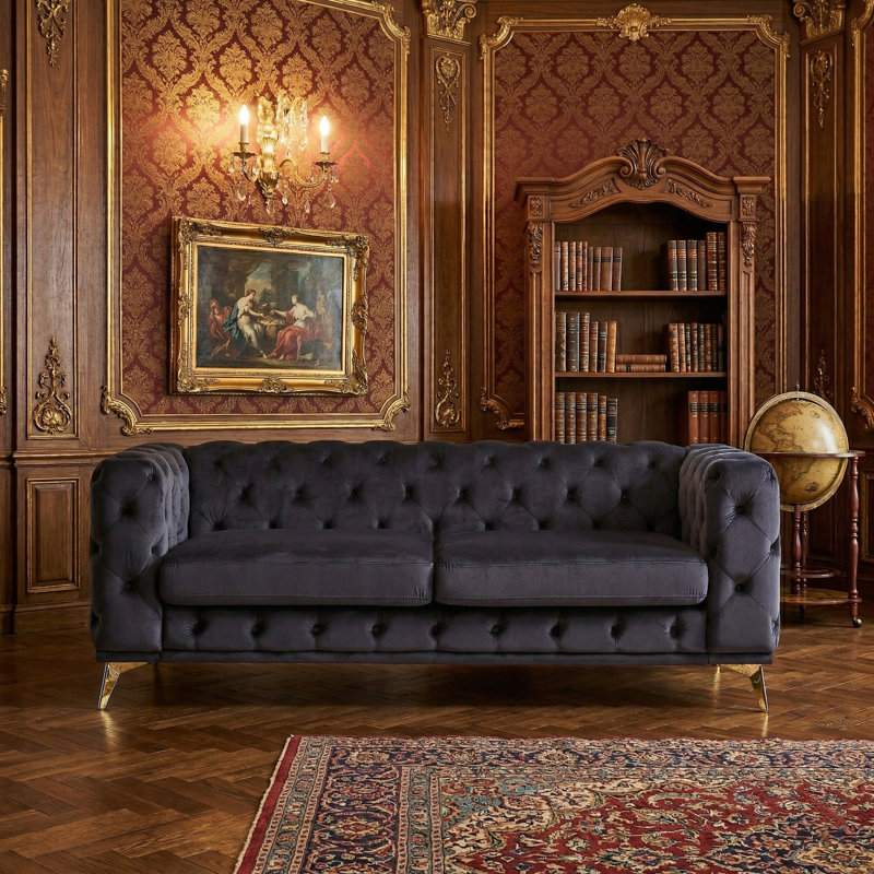 Causeuse Chesterfield en velours capitonné Modern, 3 sièges, Noir