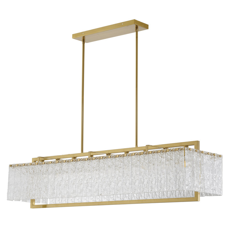 9-Light Brass Chandelier With Hanging Clear Rippled Glass