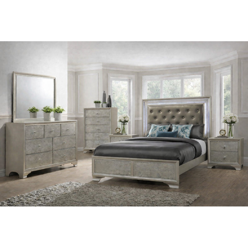 Ensemble de chambre à coucher de luxe à panneau tapissier avec capitonnage à DEL de couleur champagne, Queen, 6 Piece