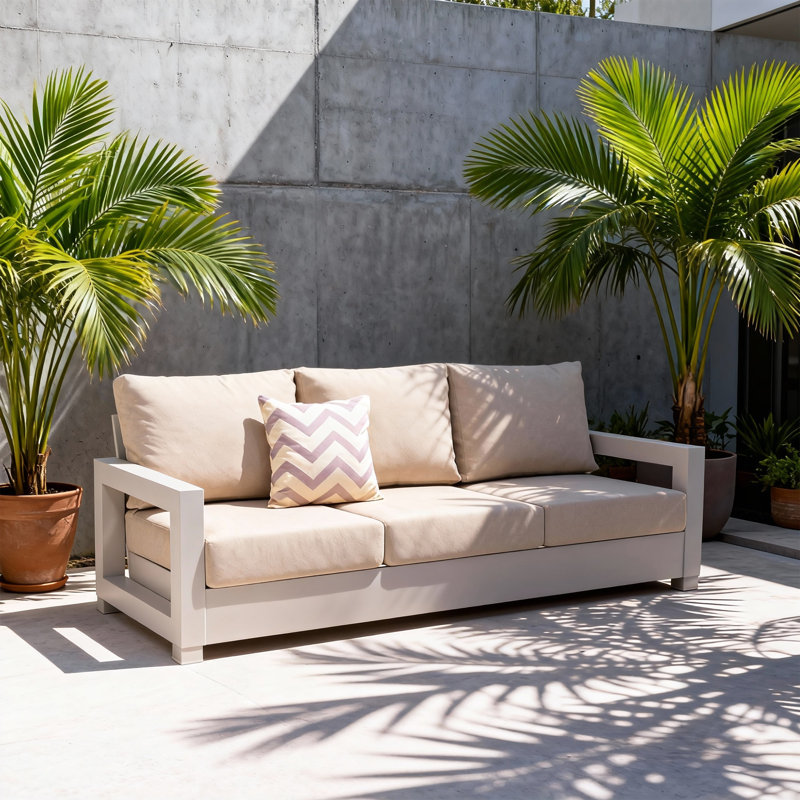 Outdoor 3-person Patio Conversation Sofa, Beige Cushion/Beige Frame