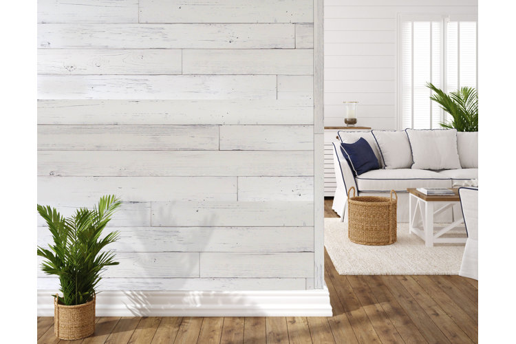 white distressed wood style wall shiplap paneling 