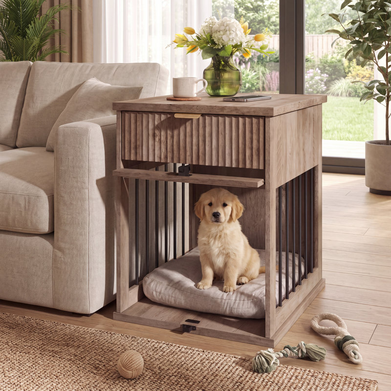 Table de bout pour chien avec station de charge et tiroir de rangement, table d'appoint moderne pour chenil, maisonnette d'intérieur pour petits et moyens chiens