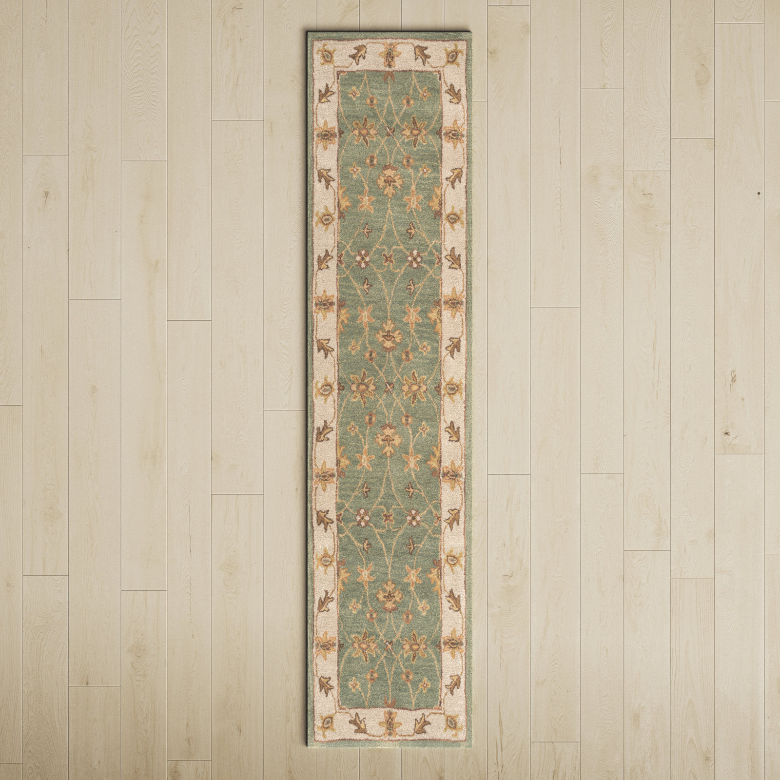 Southshore Handmade Wool Green/Light Beige/Brown Rug, Runner 2'3" x 10'