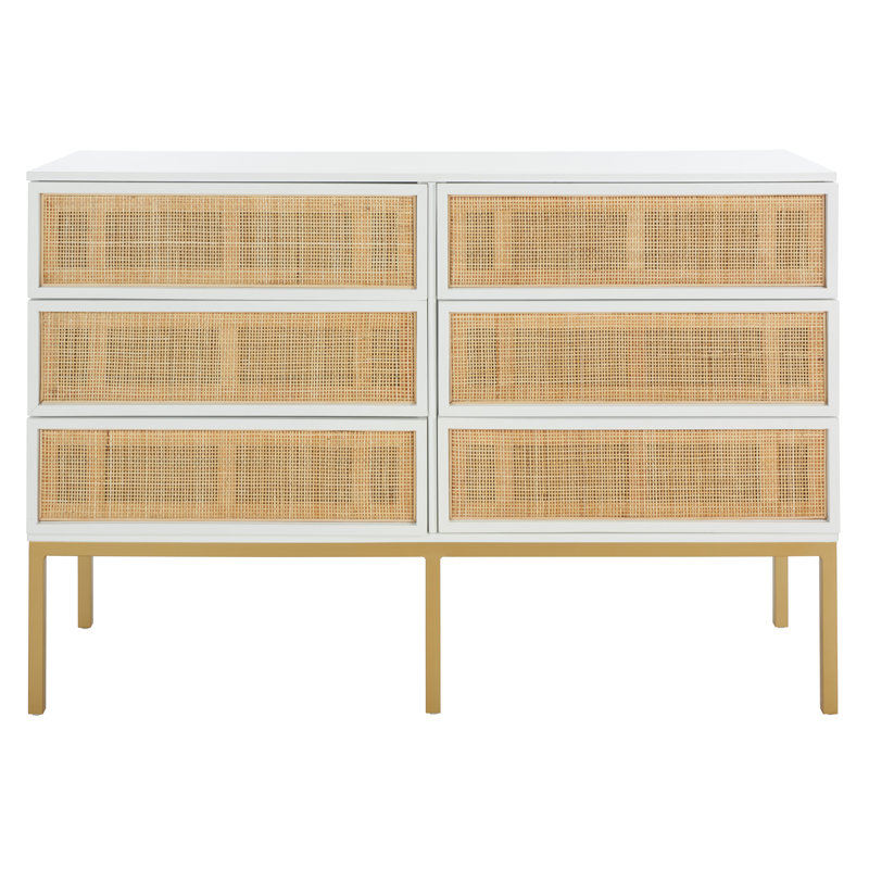 Prudhoe 54'' W 6 - Drawer Dresser, Gold/White With Natural Rattan