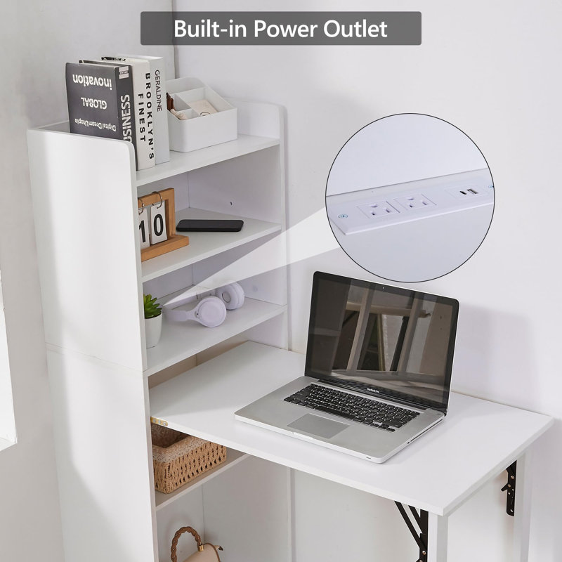 Bureau d'ordinateur à bibliothèque pliable avec prise de courant intégrée, conception anti-basculement, bouton facile à plier, stabilité des pieds renforcée, peu encombrant pour le bureau à domicile