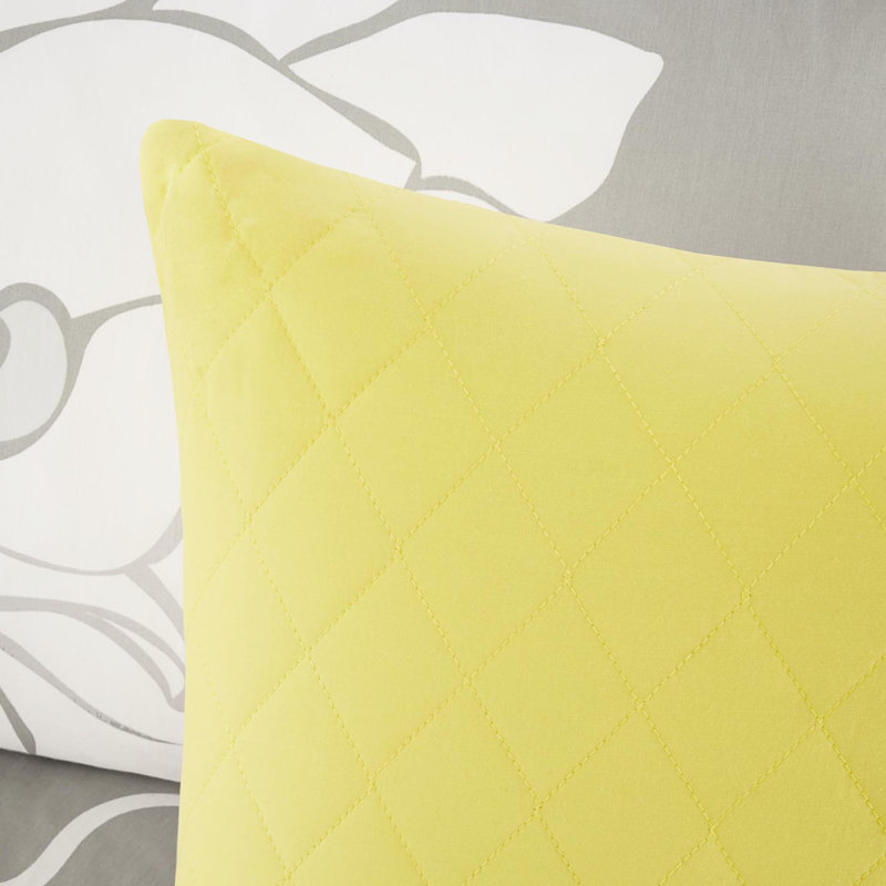 Édredon très grand - gris taupe / jaune, coton imprimé, 2 taies décoratives, taille des coussins décoratifs, jupe de lit incluse
