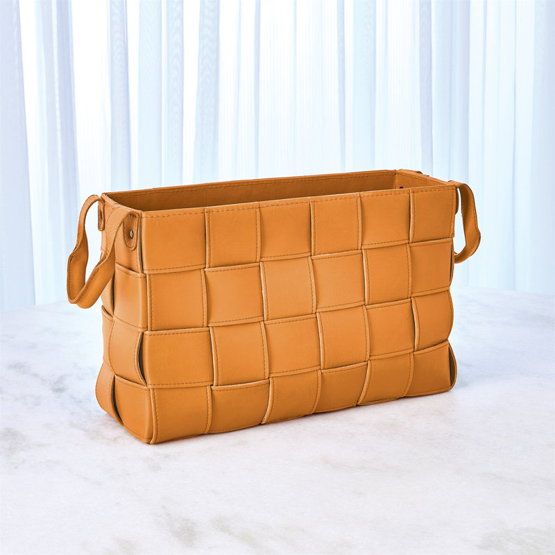 Soft Woven Leather Basket-Putty, Orange, 12" H x 18" W x 6.25" D