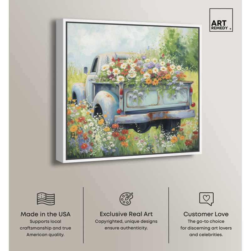 Vintage Trucks And Flowers Chic Farmhouse Wall Art by Art Remedy, White Framed, 13" H x 13" W