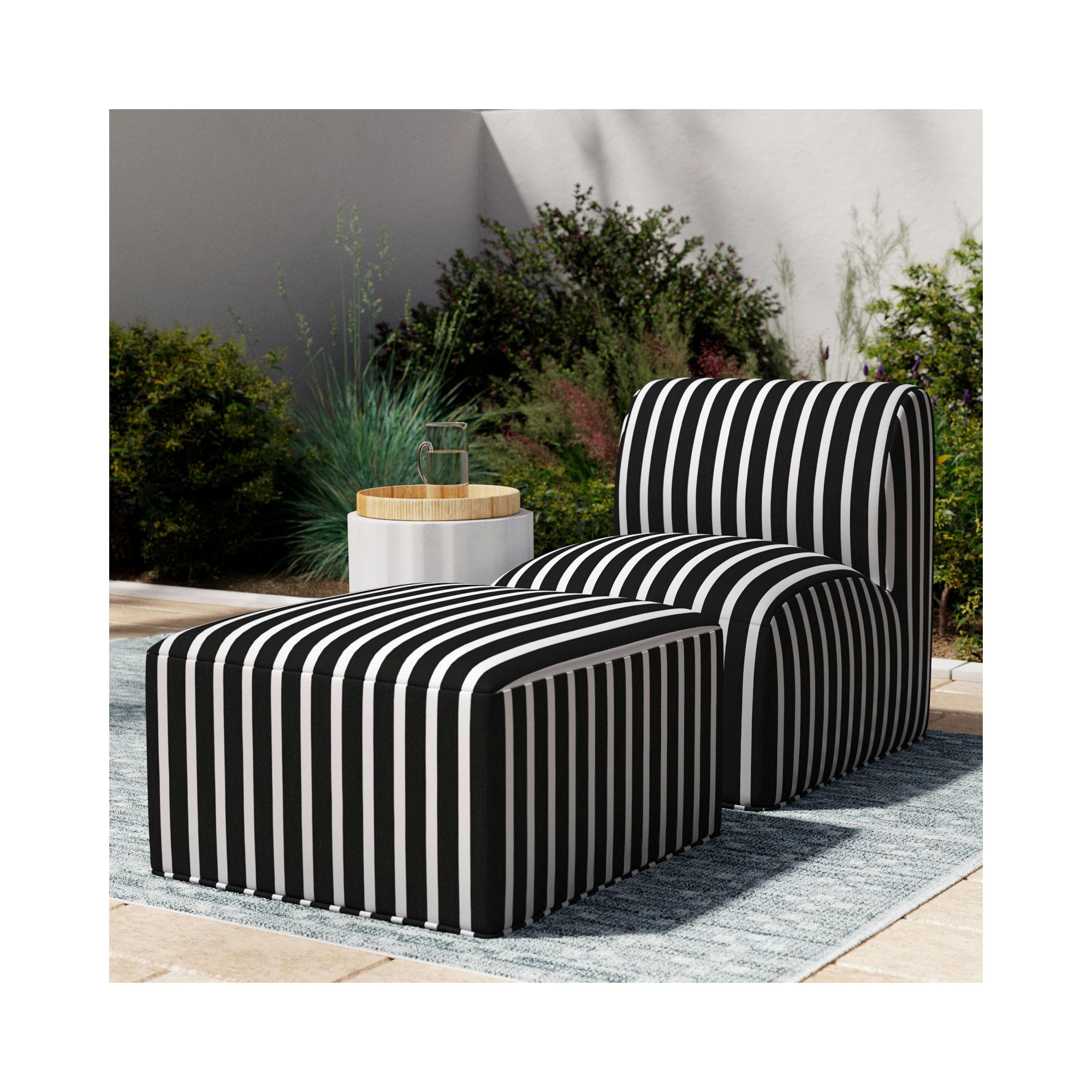 Eliana Outdoor Armless Lounge Chair with Sunbrella Cushions and Ottoman, Shore Classic Black Stripe Sunbrella®