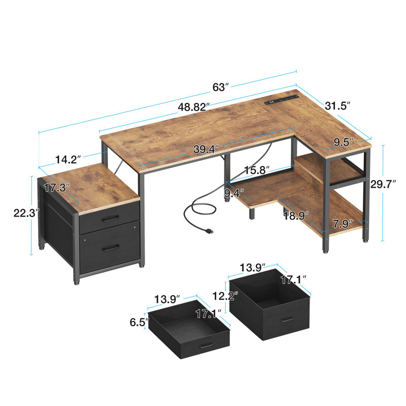 Writing Desk With Recessed Power Outlets, Home Office Desk With A Printer Cabinet,reversible Computer Desk With Pc Stand,corner Desk With Sturdy Structure