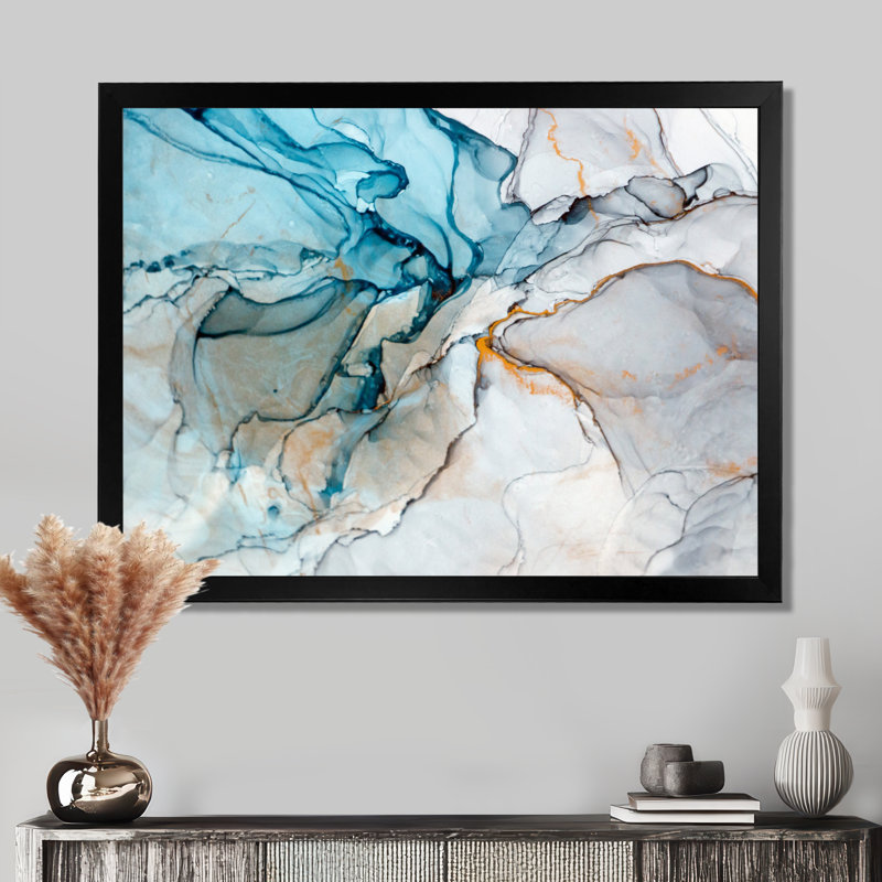 Luxry Blue and Grey Marble Art Ripples - impression sur toile, H 30 po x l 40 po, Impression encadrée, Noir