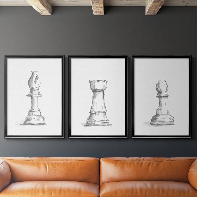 Chess Room Study IV - Toile tendue avec châssis sur mesure - 3 pièces, Noir, noir, noir, noir, H 30 po x l 63 po