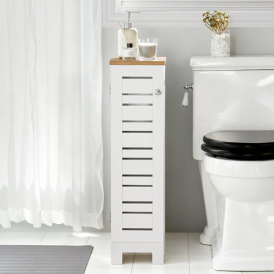 White Narrow Freestanding Toilet Paper Holder Cabinet with Storage