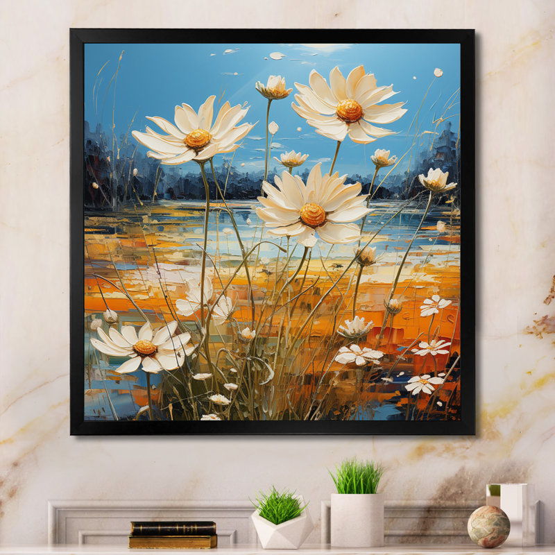 «White and Tealy Daisy Serenade III», impression d'art mural, 16" H x 16" W, Black Picture Framed