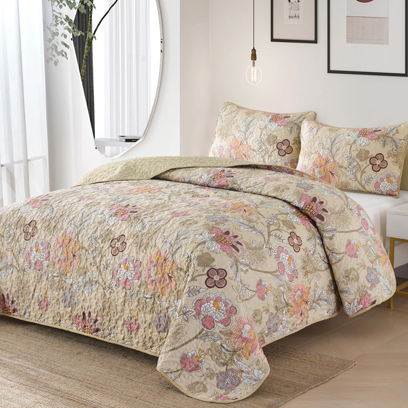Ensemble de courtepointe 3 pièces Botanical Floral - couvre-lit toutes saisons en microfibre douce et légère, Kaki